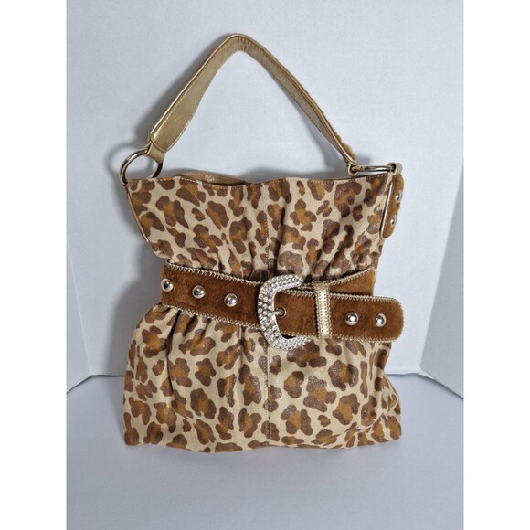 Kathy Van Zeeland Animal Print Belted Studded Slouchy Y2K Shoulder Bag Leopard - Picture 1 of 13